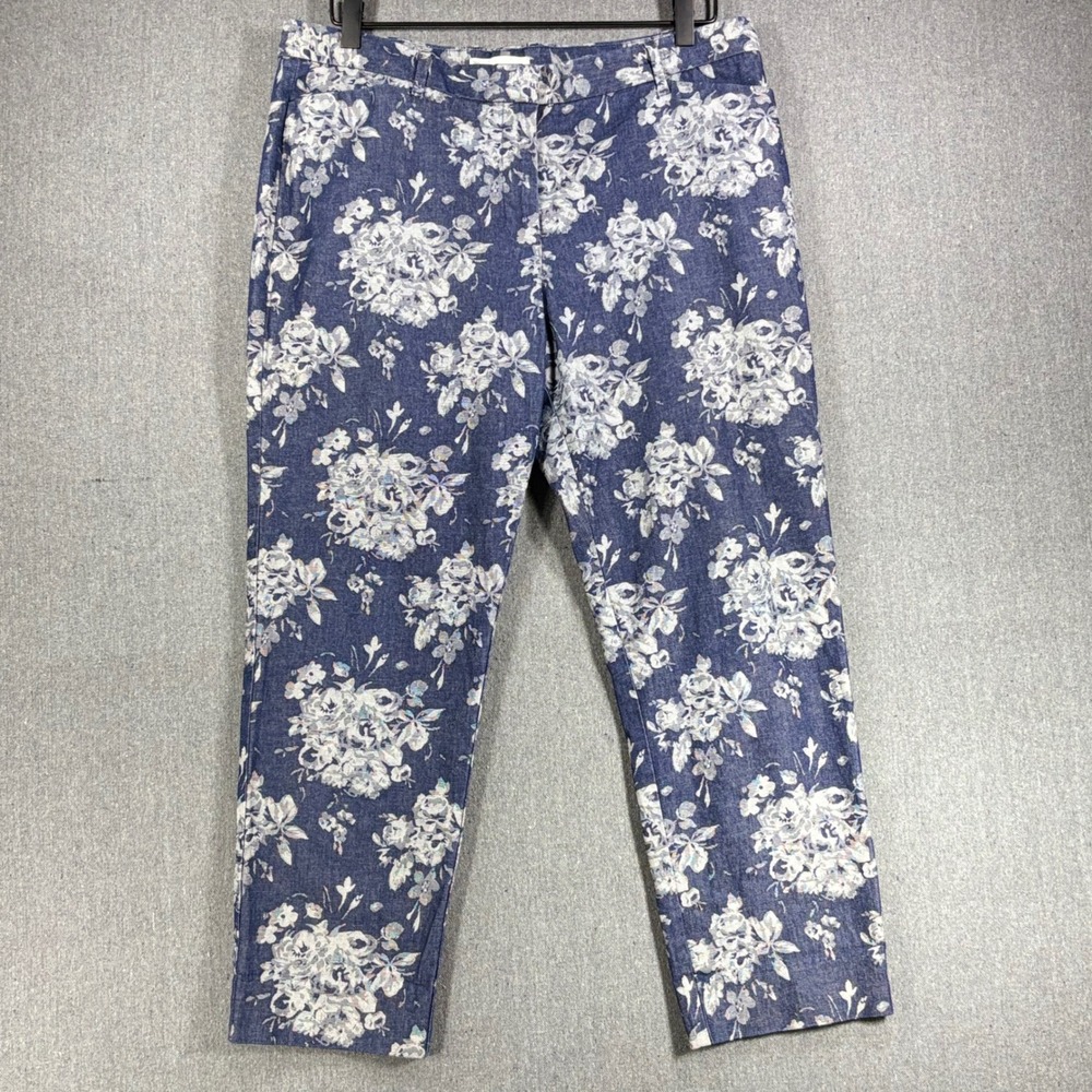 Gap Slim Cropped Pants Women 12R Blue White Floral Print Stretch Trousers 982343